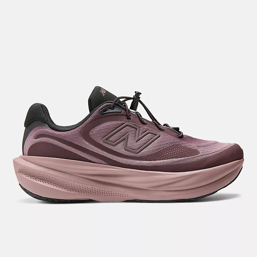 new balance 1080v15 for women, lightweight durable road running shoe with soft cushioning and quick lace tie, maroon grape colour, side profile of shoe