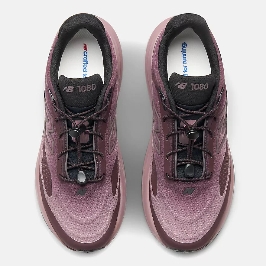 new balance 1080v15 for women, lightweight durable road running shoe with soft cushioning and quick lace tie, maroon grape colour, top of shoes