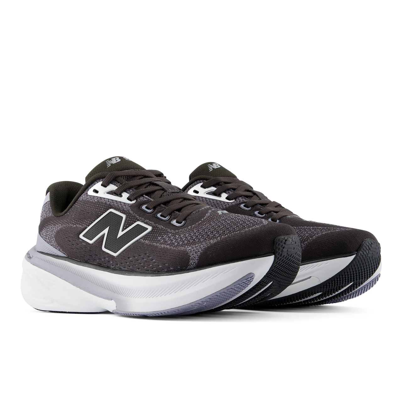 new balance fresh foam 860v15, comfortable lightweight supportive stability road running shoe for women, black with grey accents, profile of both shoes on a white background