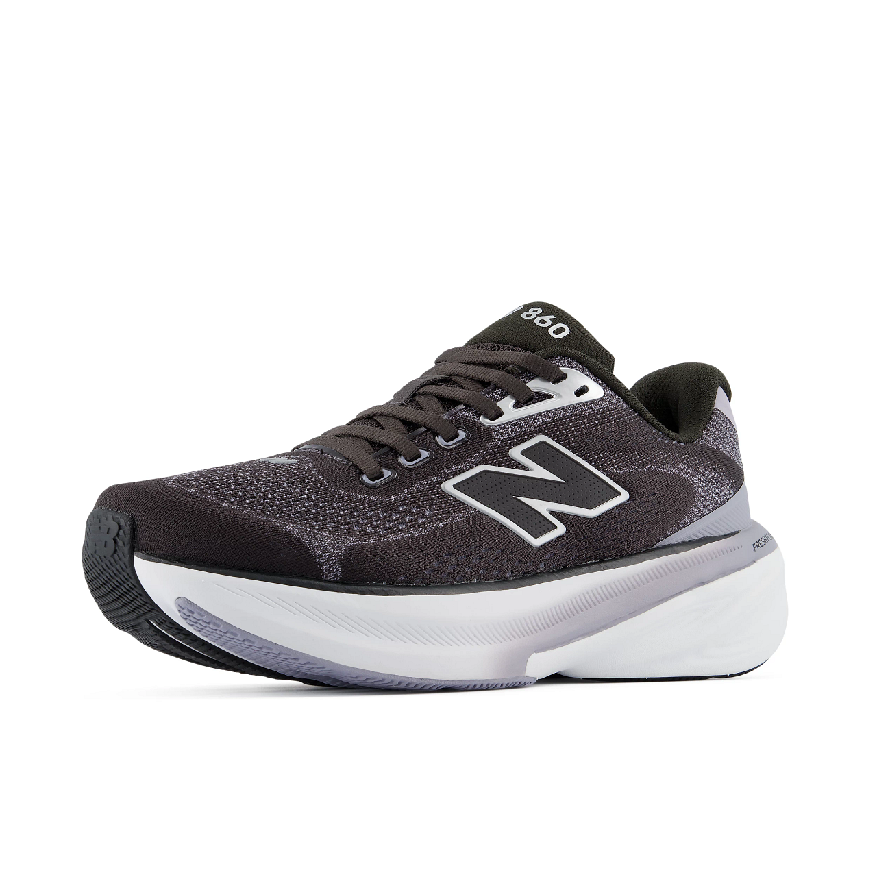 new balance fresh foam 860v15, comfortable lightweight supportive stability road running shoe for women, black with grey accents, profile of shoe on a white background