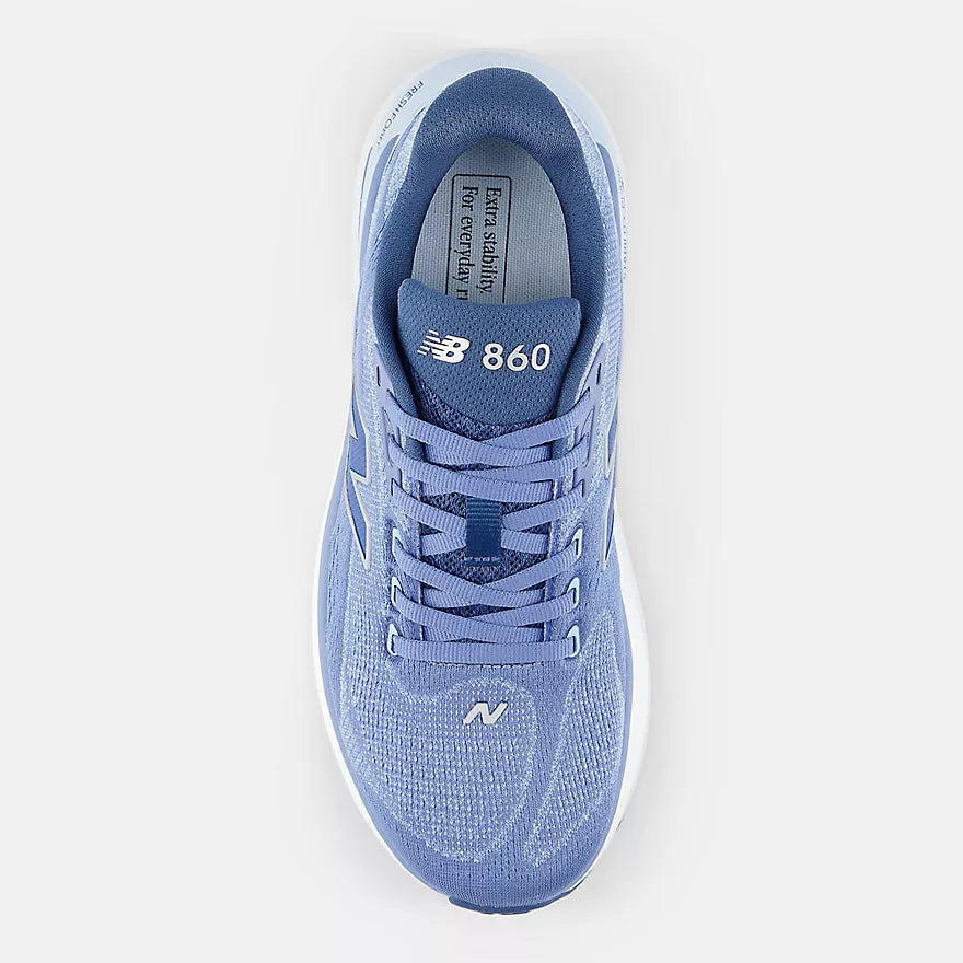 new balance fresh foam 860v15 comfortable lightweight supportive stability road running shoe for women, light blue with white sole, top down view of shoe on a white background