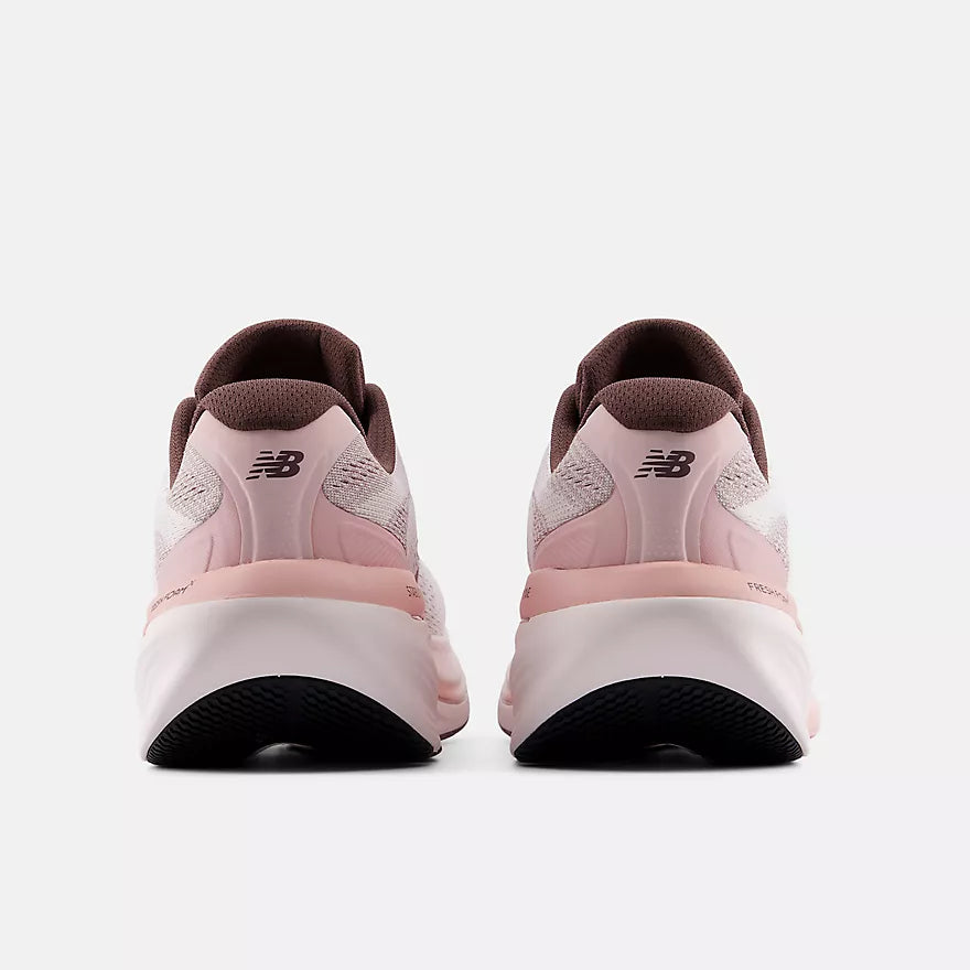 new balance fresh foam 860v15 comfortable lightweight supportive stability road running shoe for women, light pinnk with purple accents, back profile of both shoes on a white background