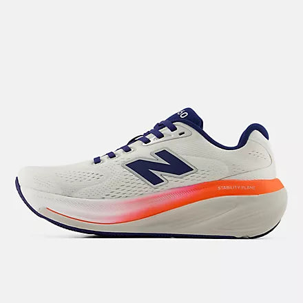 new balance fresh foam 860v15 comfortable lightweight supportive stability road running shoe for women, light grey with pink and navy accents, side profile of shoe on a white background