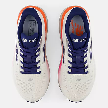new balance fresh foam 860v15 comfortable lightweight supportive stability road running shoe for women, light grey with pink and navy accents, overhead profile of shoes on a white background