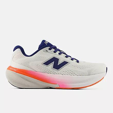 new balance fresh foam 860v15 comfortable lightweight supportive stability road running shoe for women, light grey with pink and navy accents, profile of shoe on a white background