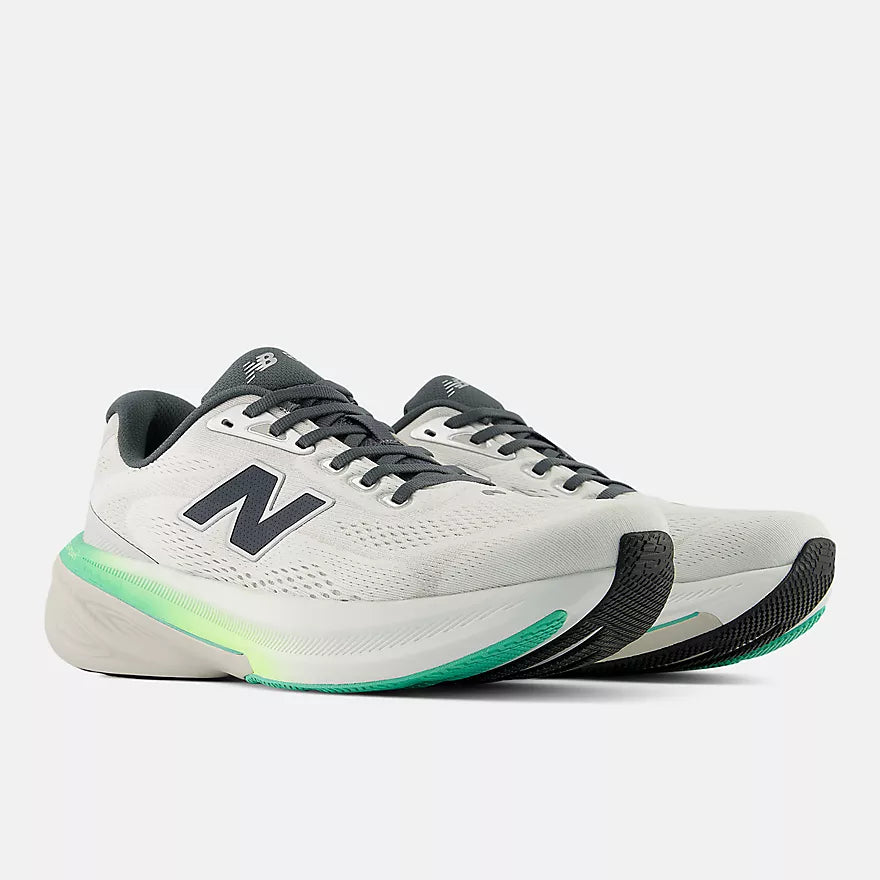 New Balance Fresh Foam X 860v15 Mens stability and support everyday running shoes, grey with mix of green and yellow, side front profile of both shoes