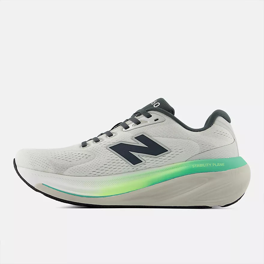 New Balance Fresh Foam X 860v15 Mens stability and support everyday running shoes, grey with mix of green and yellow, side profile