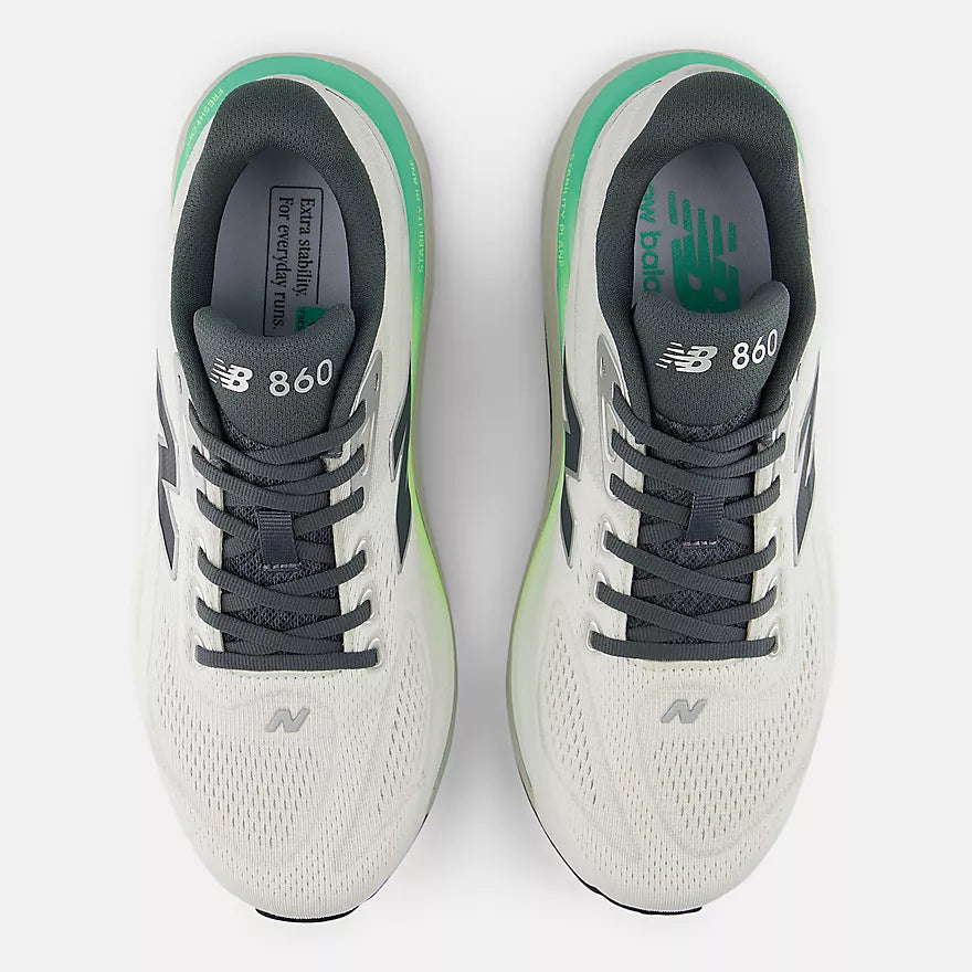 New Balance Fresh Foam X 860v15 Mens stability and support everyday running shoes, grey with mix of green and yellow, top down view of both shoes