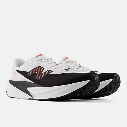 mens new balance fuel cell rebel version 5, light, bouncy daily trainer, white and black colour with orange details, side profile of two runners on a white background