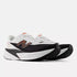 mens new balance fuel cell rebel version 5, light, bouncy daily trainer, white and black colour with orange details, side profile of two runners on a white background