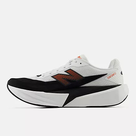 mens new balance fuel cell rebel version 5, light, bouncy daily trainer, white and black colour with orange details, side profile of runner on a white background
