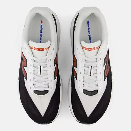 mens new balance fuel cell rebel version 5, light, bouncy daily trainer, white and black colour with orange details, overhead profile of two runners on a white background