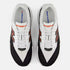 mens new balance fuel cell rebel version 5, light, bouncy daily trainer, white and black colour with orange details, overhead profile of two runners on a white background