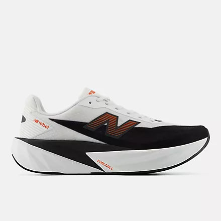 mens new balance fuel cell rebel version 5, light, bouncy daily trainer, white and black colour with orange details, side profile of runner on a white background