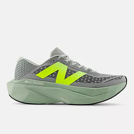 new balance fuel cell super comp v3 for men, carbon plated speed training and racing shoe beginner friendly, olive green colour with lime green logo, side profile of shoe