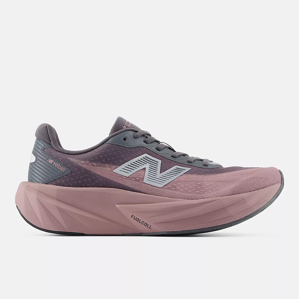 NB Fuelcell Rebel running shoe in magnet with pebble colour, side view, showing N logo and fuelcell sole