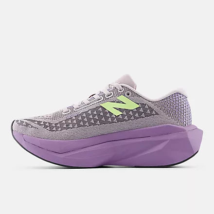 new balance fuel cell super comp v3 for women, carbon plated speed training and racing running shoe, grape purple colour with lime green logo, side profile of shoe