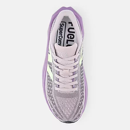 new balance fuel cell super comp v3 for women, carbon plated speed training and racing running shoe, grape purple colour with lime green logo, top profile of shoe
