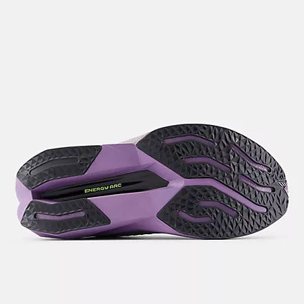 new balance fuel cell super comp v3 for women, carbon plated speed training and racing running shoe, grape purple colour with lime green logo, sole of shoe