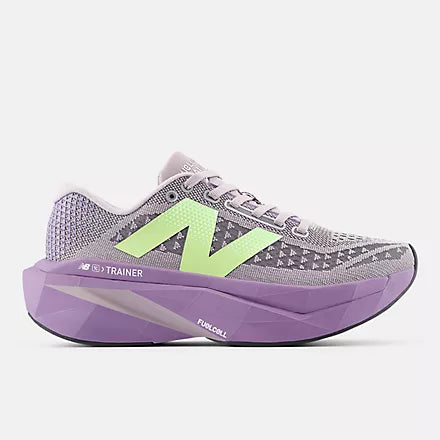new balance fuel cell super comp v3 for women, carbon plated speed training and racing running shoe, grape purple colour with lime green logo, side profile of shoe
