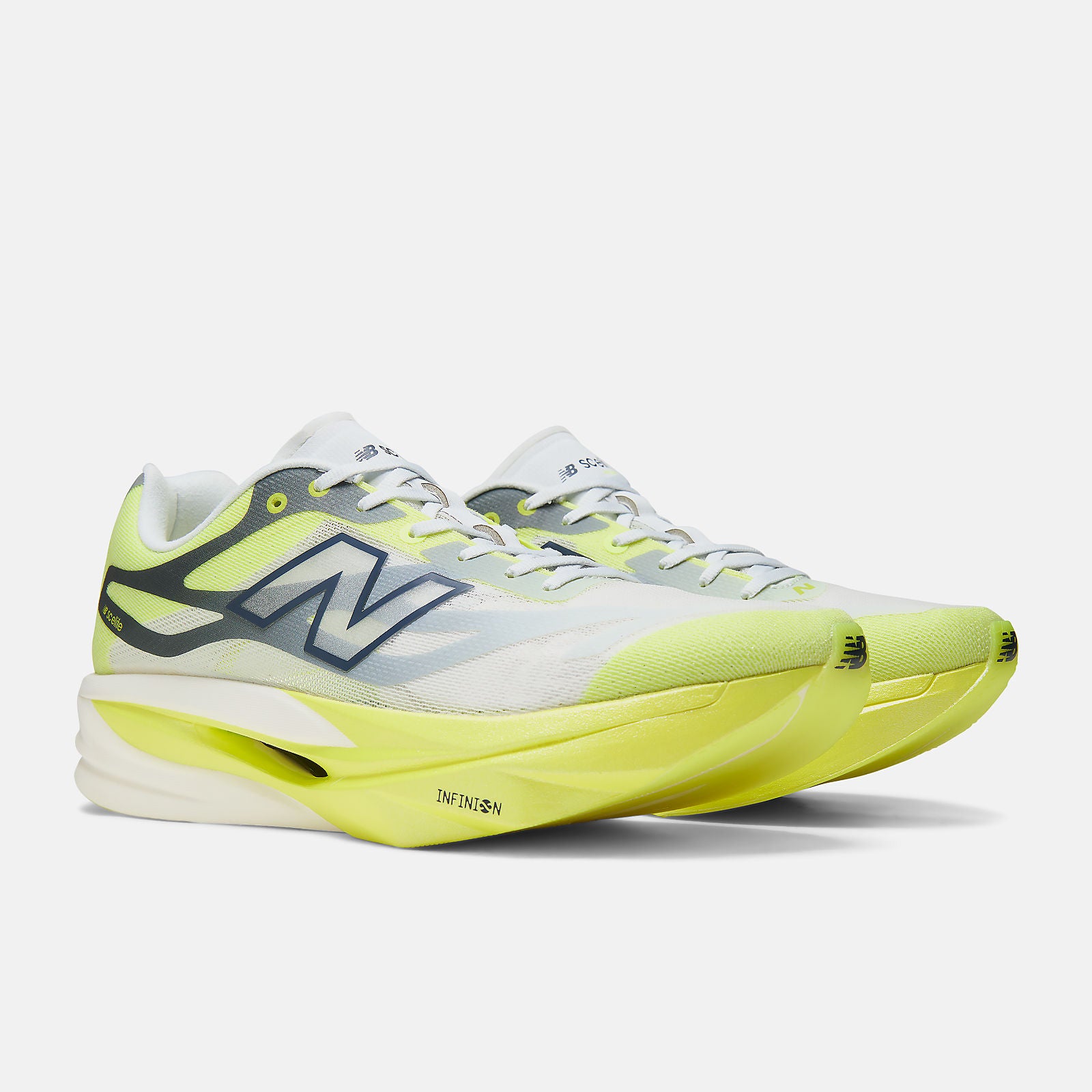 nb fuelcell sc elite v6, lightweight carbon fiber plated race day road running shoe, bright yellow lime with white and grey details, side profile of two shoes