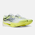 nb fuelcell sc elite v6, lightweight carbon fiber plated race day road running shoe, bright yellow lime with white and grey details, side profile of two shoes
