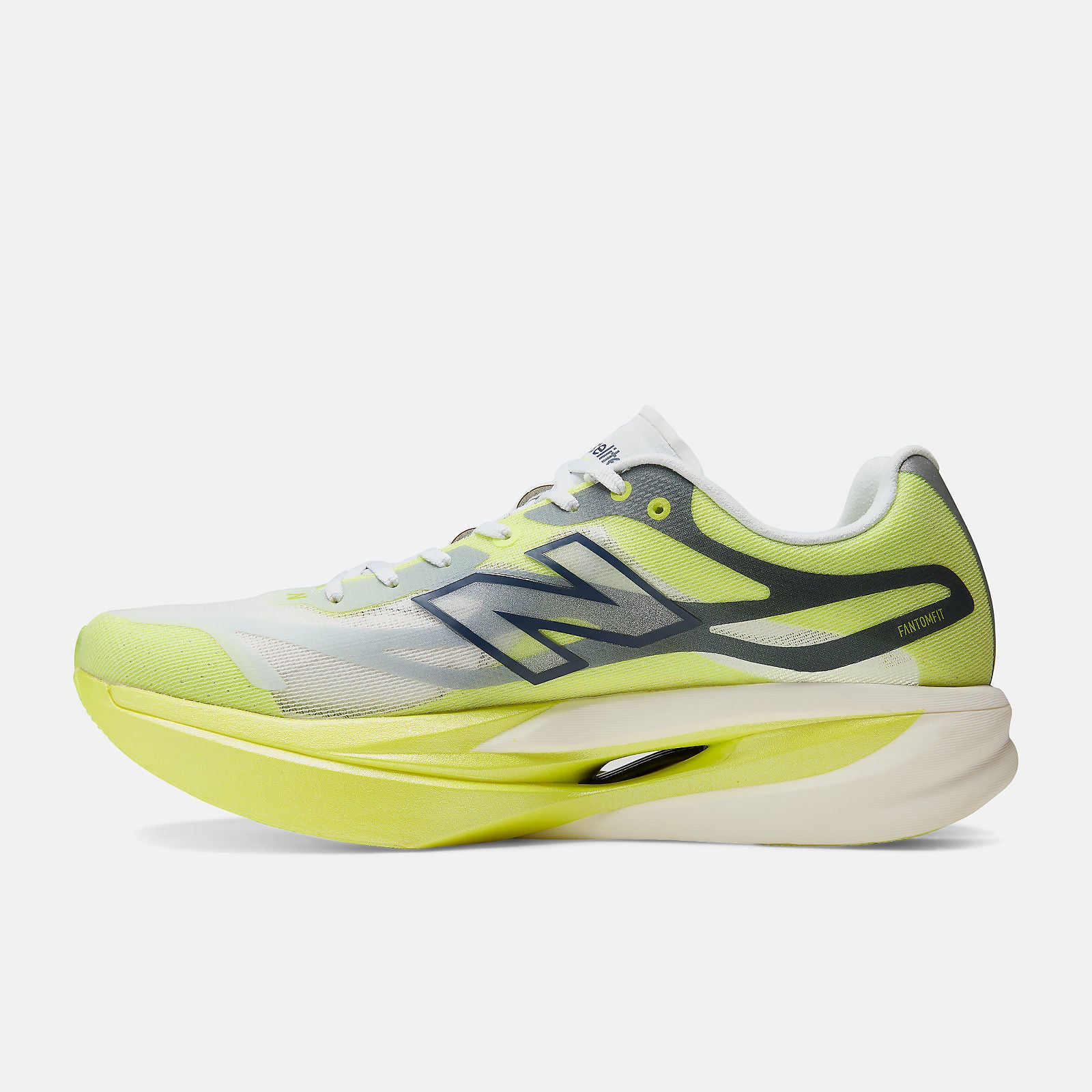 nb fuelcell sc elite v6, lightweight carbon fiber plated race day road running shoe, bright yellow lime with white and grey details, inside profile of shoe