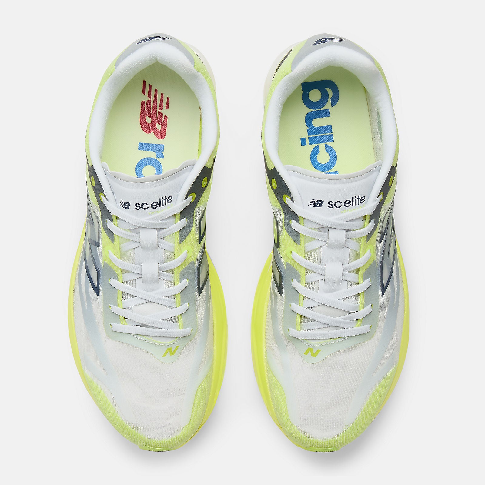 nb fuelcell sc elite v6, lightweight carbon fiber plated race day road running shoe, bright yellow lime with white and grey details, top down of shoes