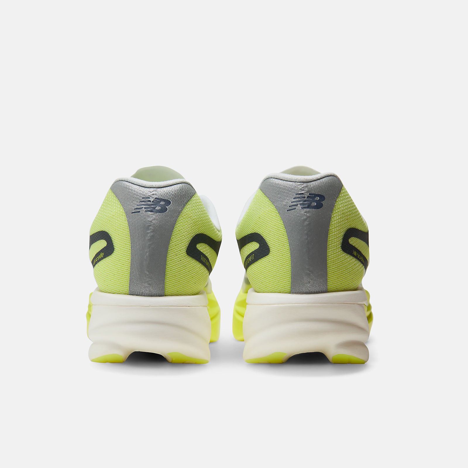 nb fuelcell sc elite v6, lightweight carbon fiber plated race day road running shoe, bright yellow lime with white and grey details, back heels of shoes