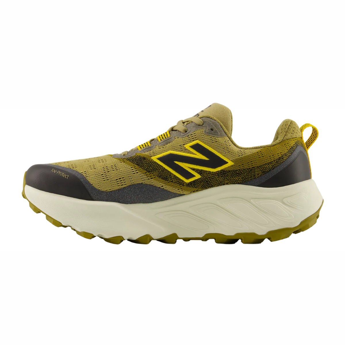 new balance hierro 9 for men, cushioned gravel trail running and walking shoe, dark yellow with black side profile of shoe on white background