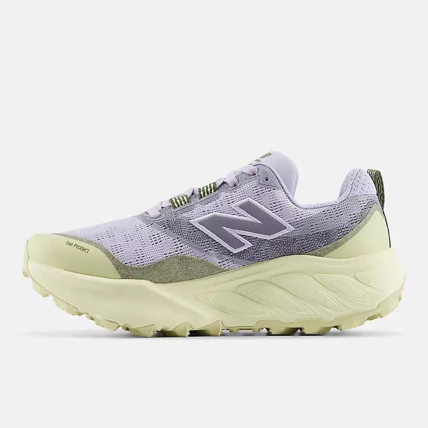 new balance hierro v9 womens, cushioned trail and mixed terrain running and walking shoe, light greyish purple and cream colour, side profile of shoe