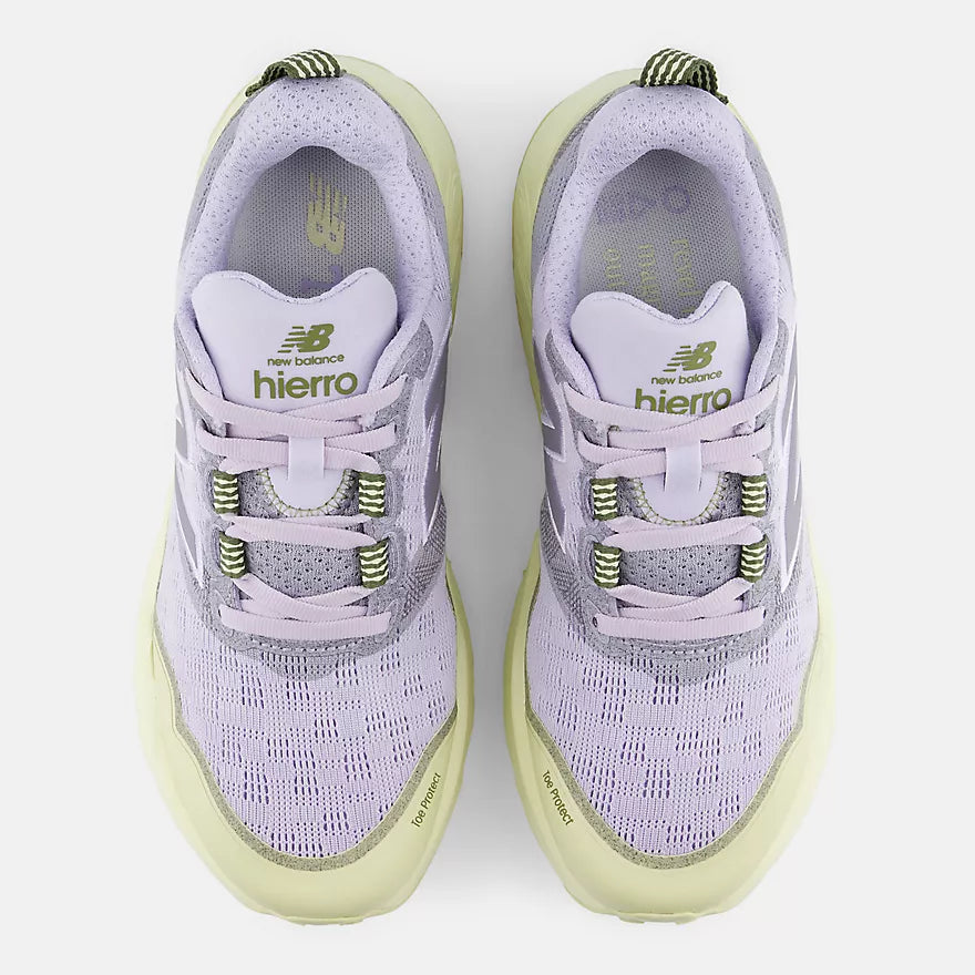 new balance hierro v9 womens, cushioned trail and mixed terrain running and walking shoe, light greyish purple and cream colour, top down view of both shoes