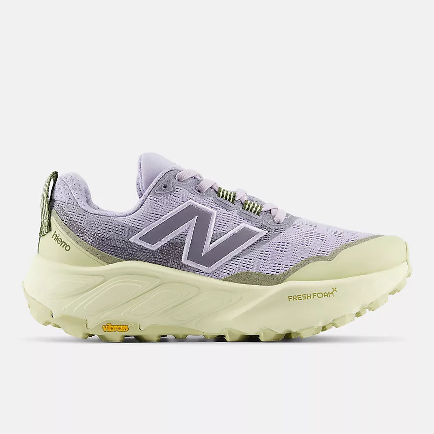 new balance hierro v9 womens, cushioned trail and mixed terrain running and walking shoe, light greyish purple and cream colour, side profile of shoe