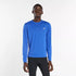 new balance athletics long sleeve shirt for men, lightweight breathable long sleeve top, royal blue colour, man wearing long sleeve blue nb top with black tights