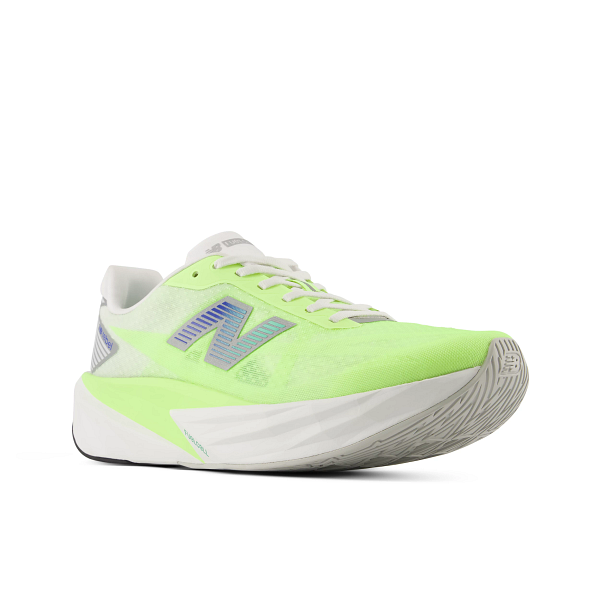 new balance rebel v5 womens, super lightweight versatile training road running shoe, bright yellow and white sole, low front side profile of shoe