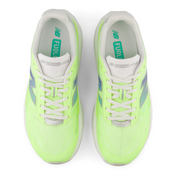 new balance rebel v5 womens, super lightweight versatile training road running shoe, bright yellow and white sole, top down profile of shoes
