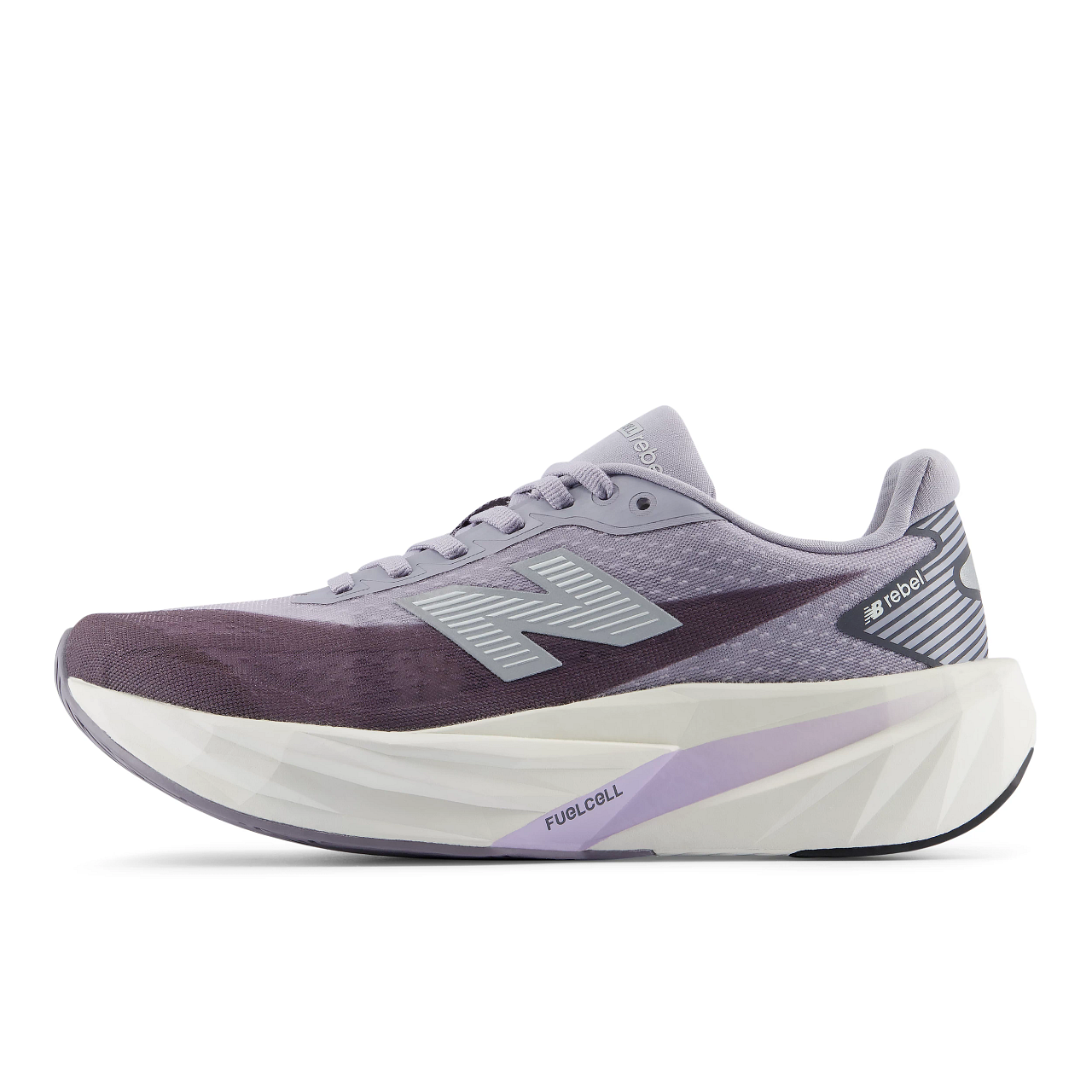 new balance rebel v5 womens, super lightweight versatile training road running shoe, light purple and grey colour with a white sole, side profile of shoe