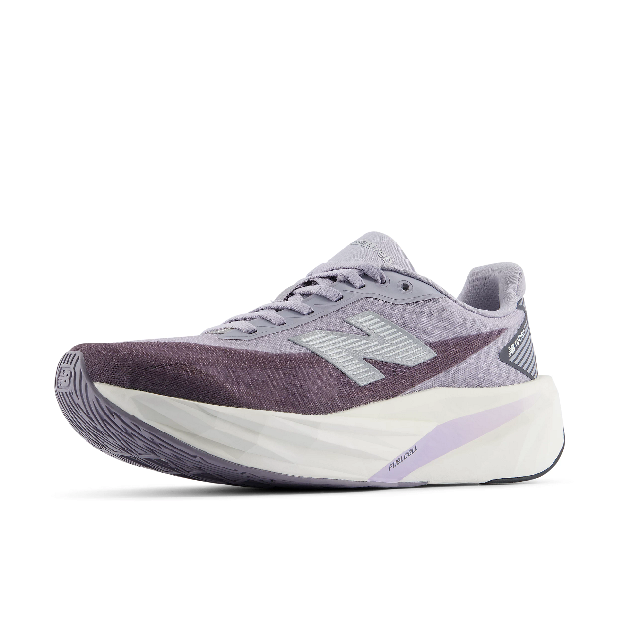 new balance rebel v5 womens, super lightweight versatile training road running shoe, light purple and grey colour with a white sole, side profile of shoe