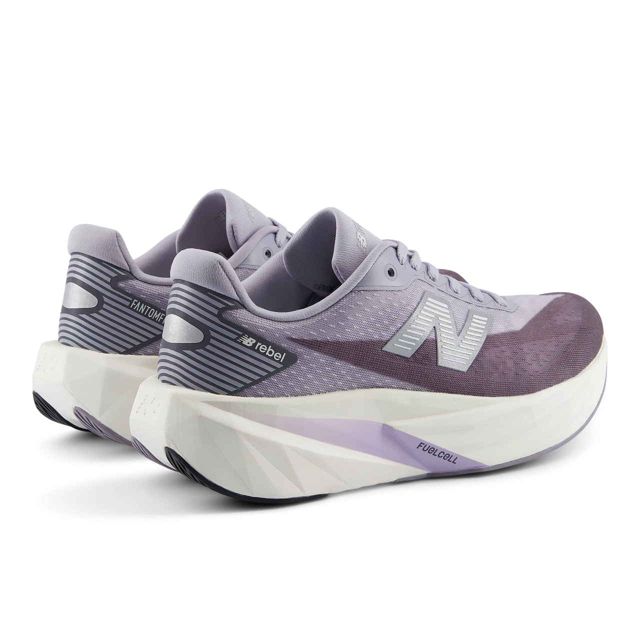 new balance rebel v5 womens, super lightweight versatile training road running shoe, light purple and grey colour with a white sole, rear profile of two shoes