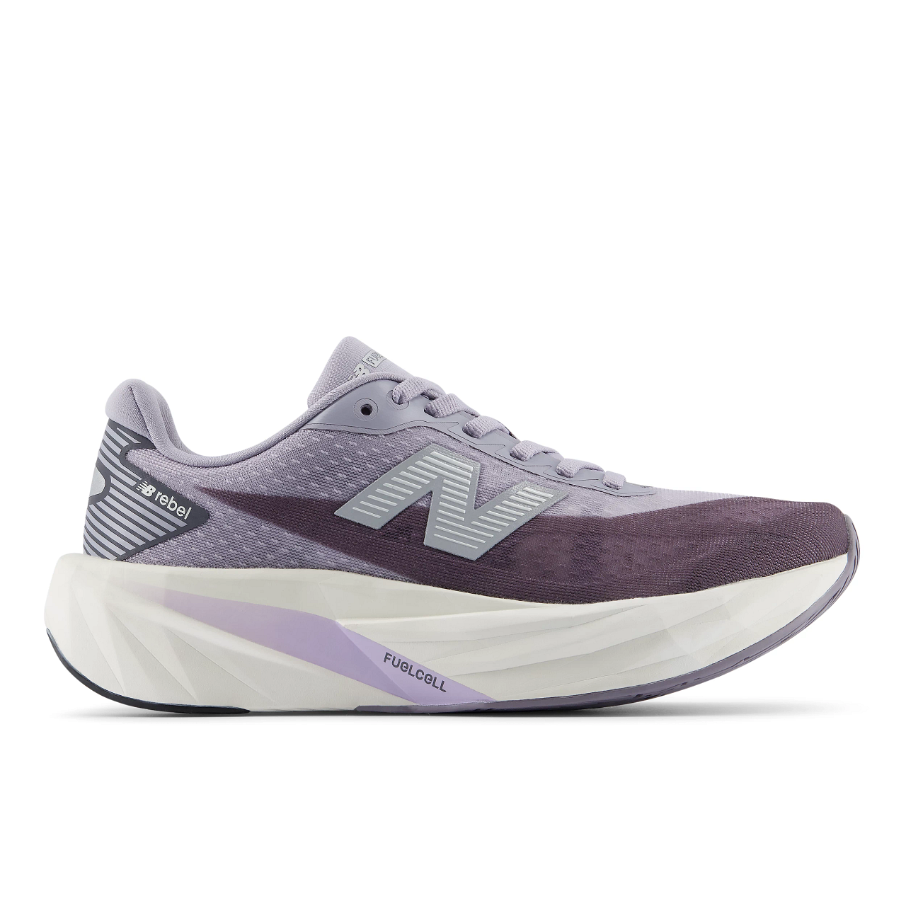 new balance rebel v5 womens, super lightweight versatile training road running shoe, light purple and grey colour with a white sole, side profile of shoe