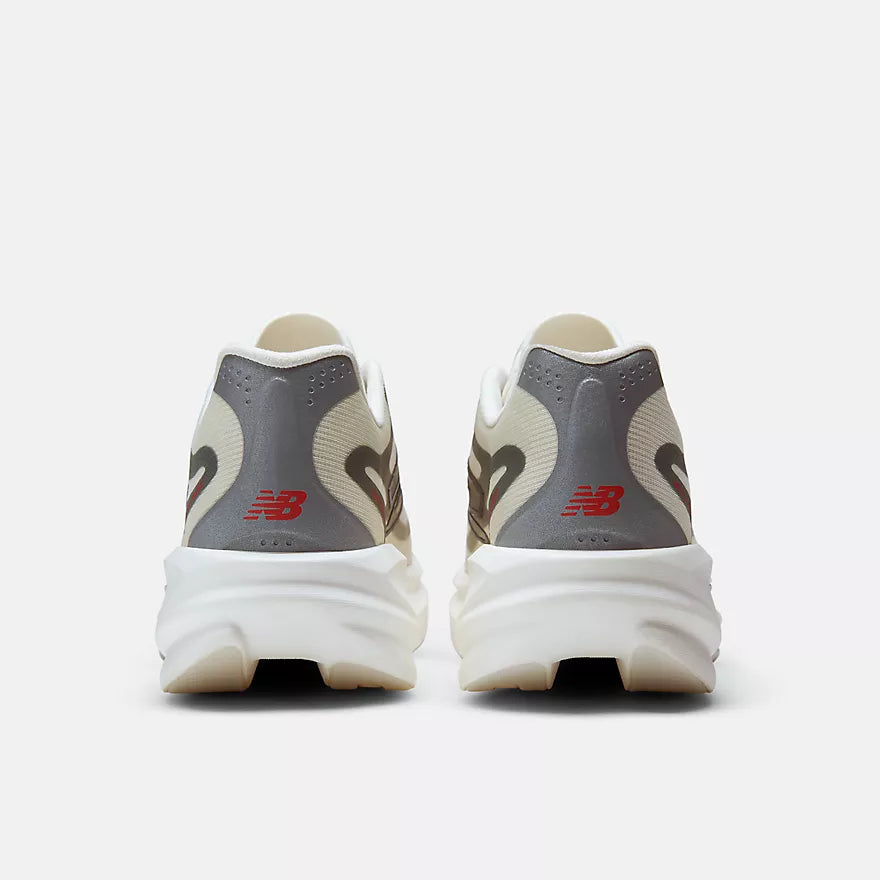 nb supercomp rebel mens, lightweight speed training and racing shoe, white and cream with black and red details, back heels of shoes