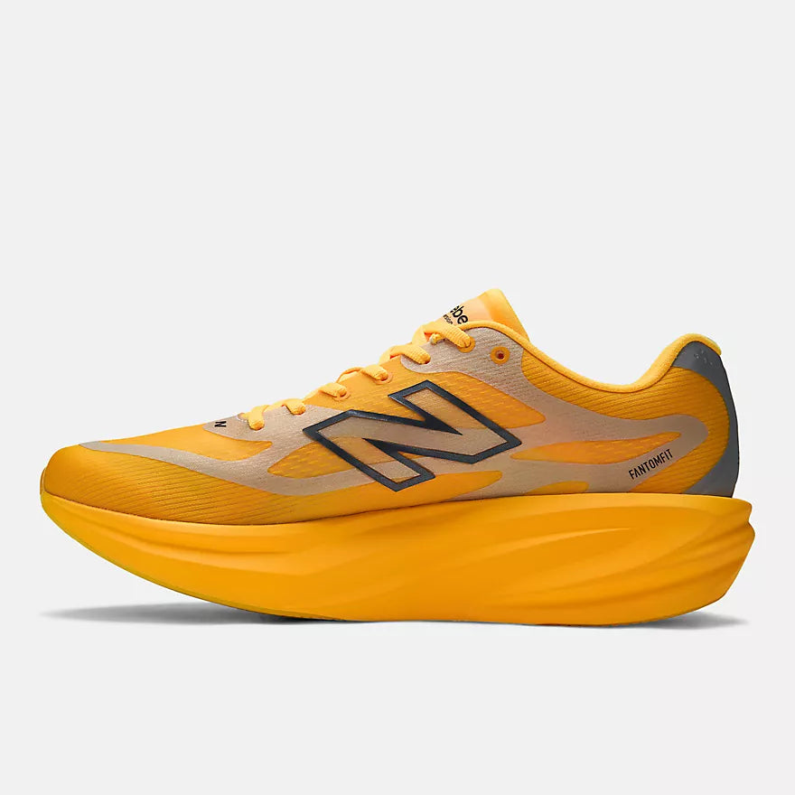 new balance super comp rebel mens, durable cushioned everyday training and racing shoe, sunny yellow orange colour, inside profile of shoe