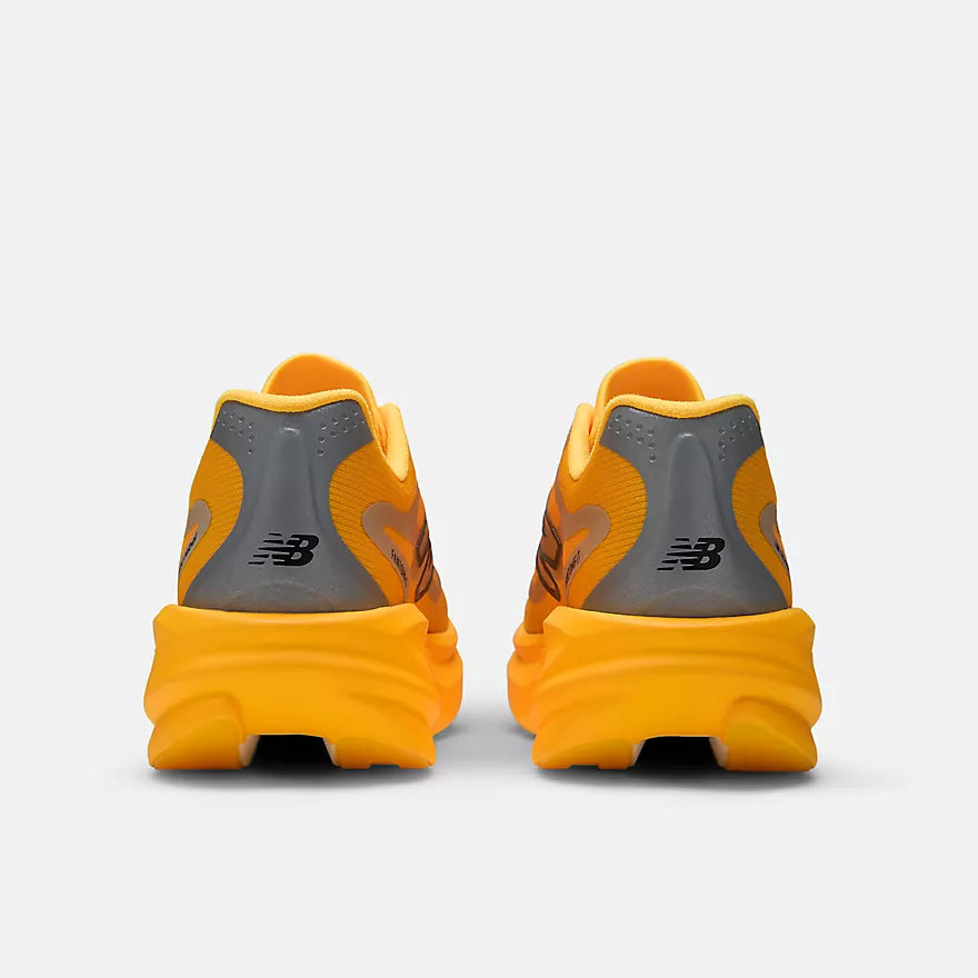 new balance super comp rebel mens, durable cushioned everyday training and racing shoe, sunny yellow orange colour, heels of shoe