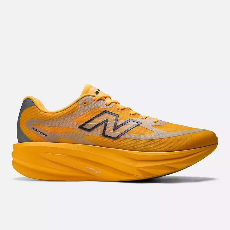 new balance super comp rebel mens, durable cushioned everyday training and racing shoe, sunny yellow orange colour, side profile of shoe