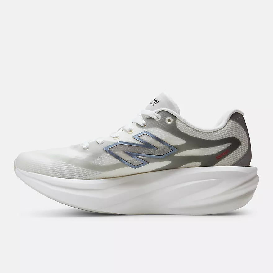new balance supercomp rebel womens, lightweight speed training and racing road running shoe, white with silver and grey details, inside profile of shoe