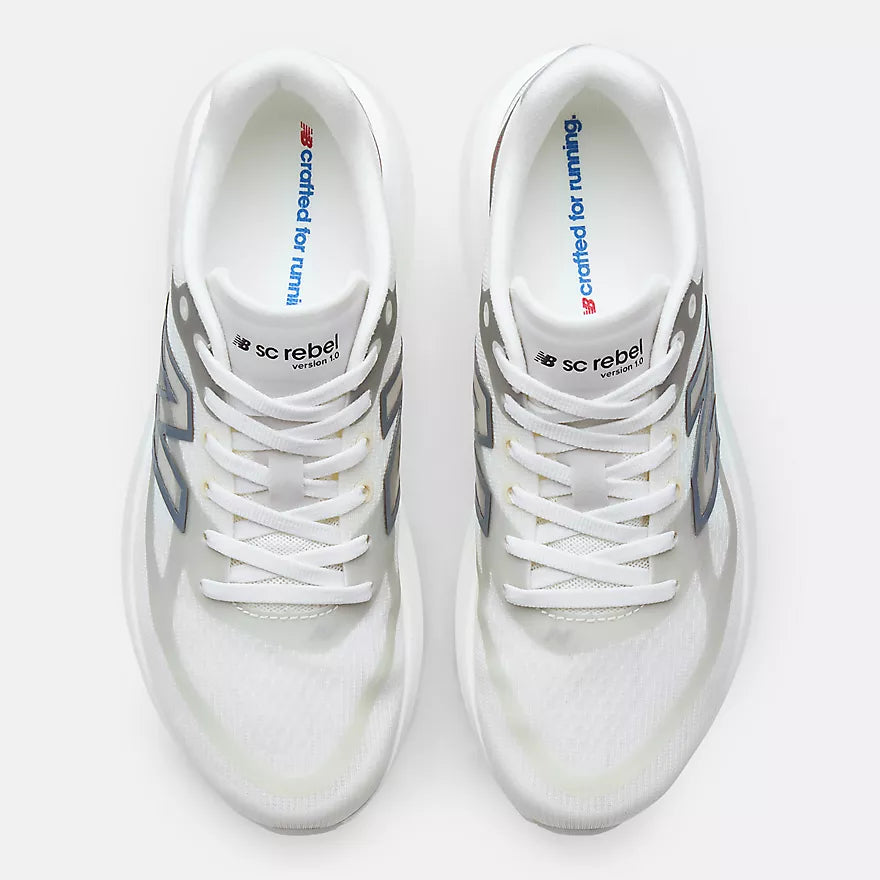 new balance supercomp rebel womens, lightweight speed training and racing road running shoe, white with silver and grey details, top down view of shoes