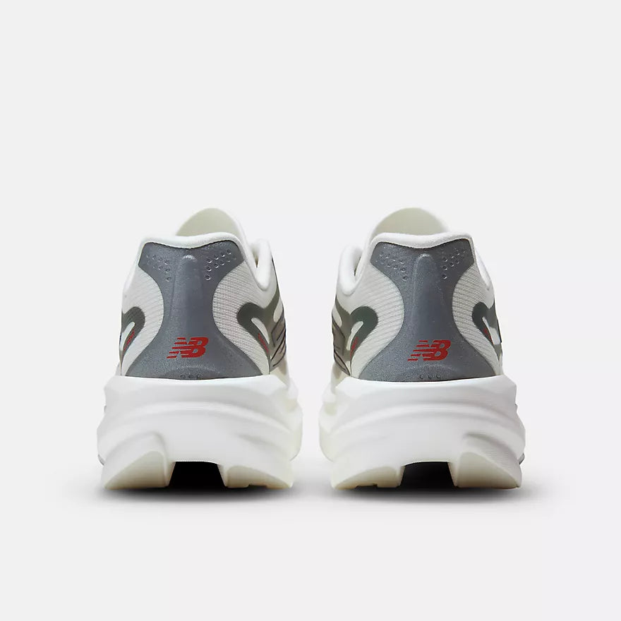 new balance supercomp rebel womens, lightweight speed training and racing road running shoe, white with silver and grey details, heels of shoes