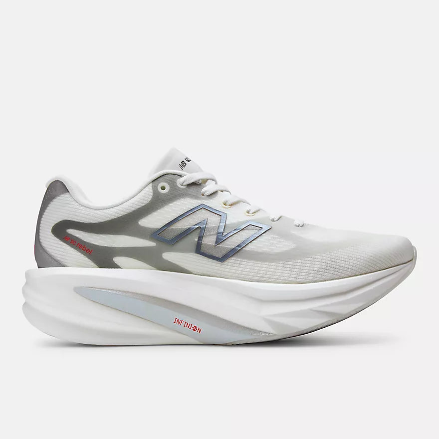 new balance supercomp rebel womens, lightweight speed training and racing road running shoe, white with silver and grey details, side profile of shoe