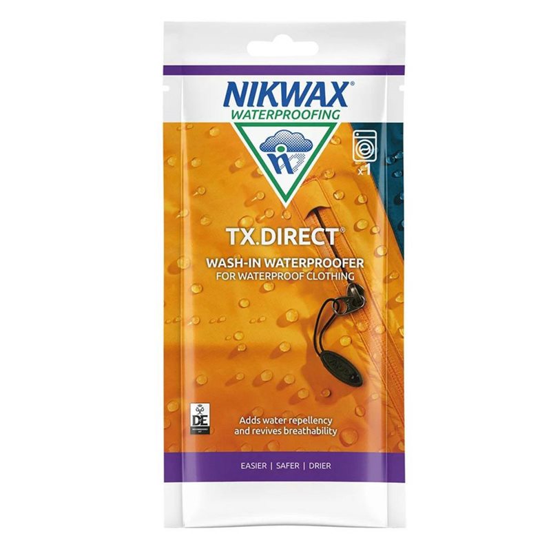 nikwax tx. direct wash-in waterproofer 100ml pouch on a white background