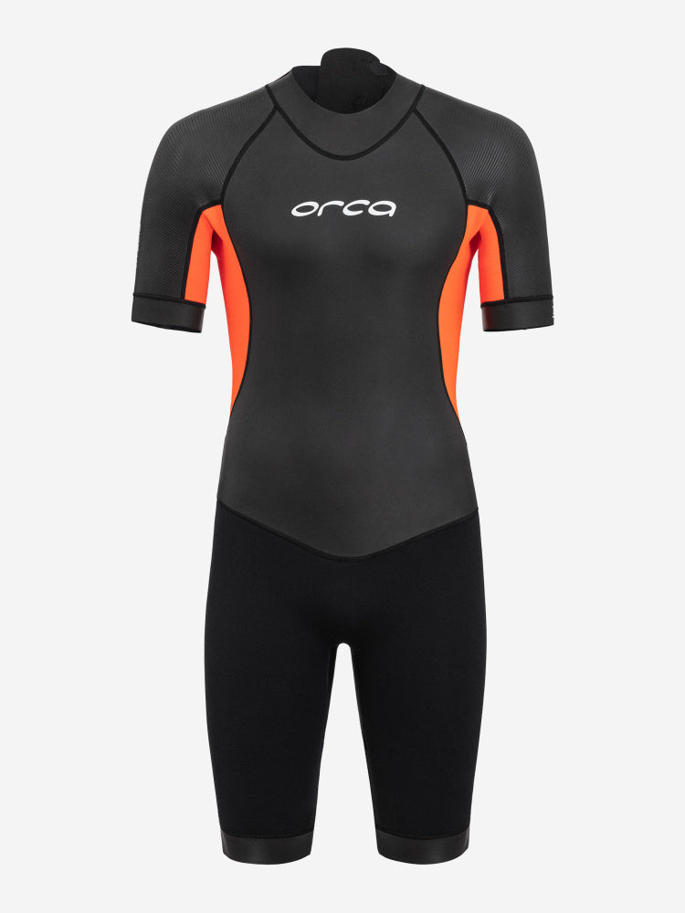 Orca Vitalis Openwater Shorty Mens wetsuit in black with bright orange accents under the arms